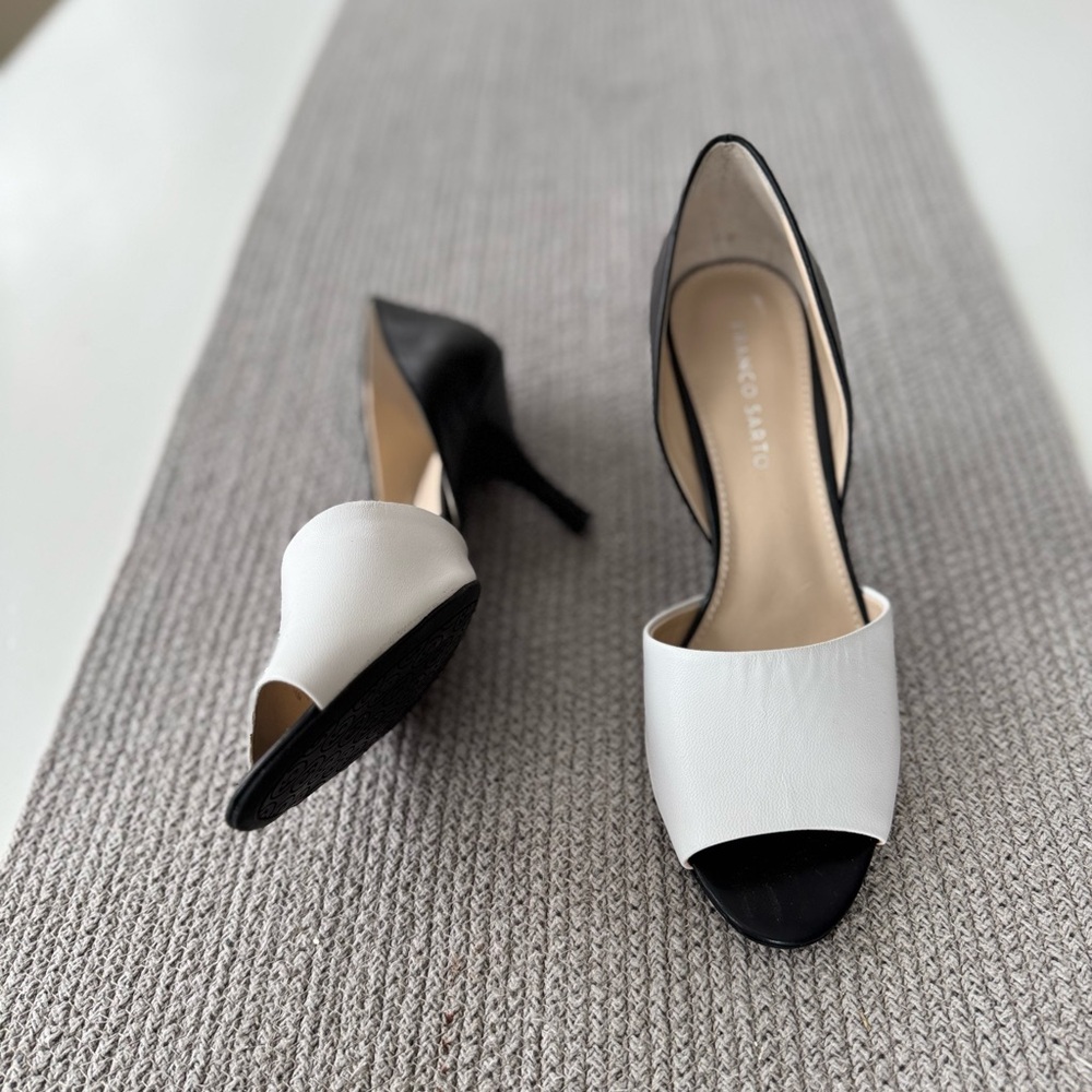 Franco Sarto Black White Leather Peeptoe Spectator High Heel Pumps Heels Sz 10